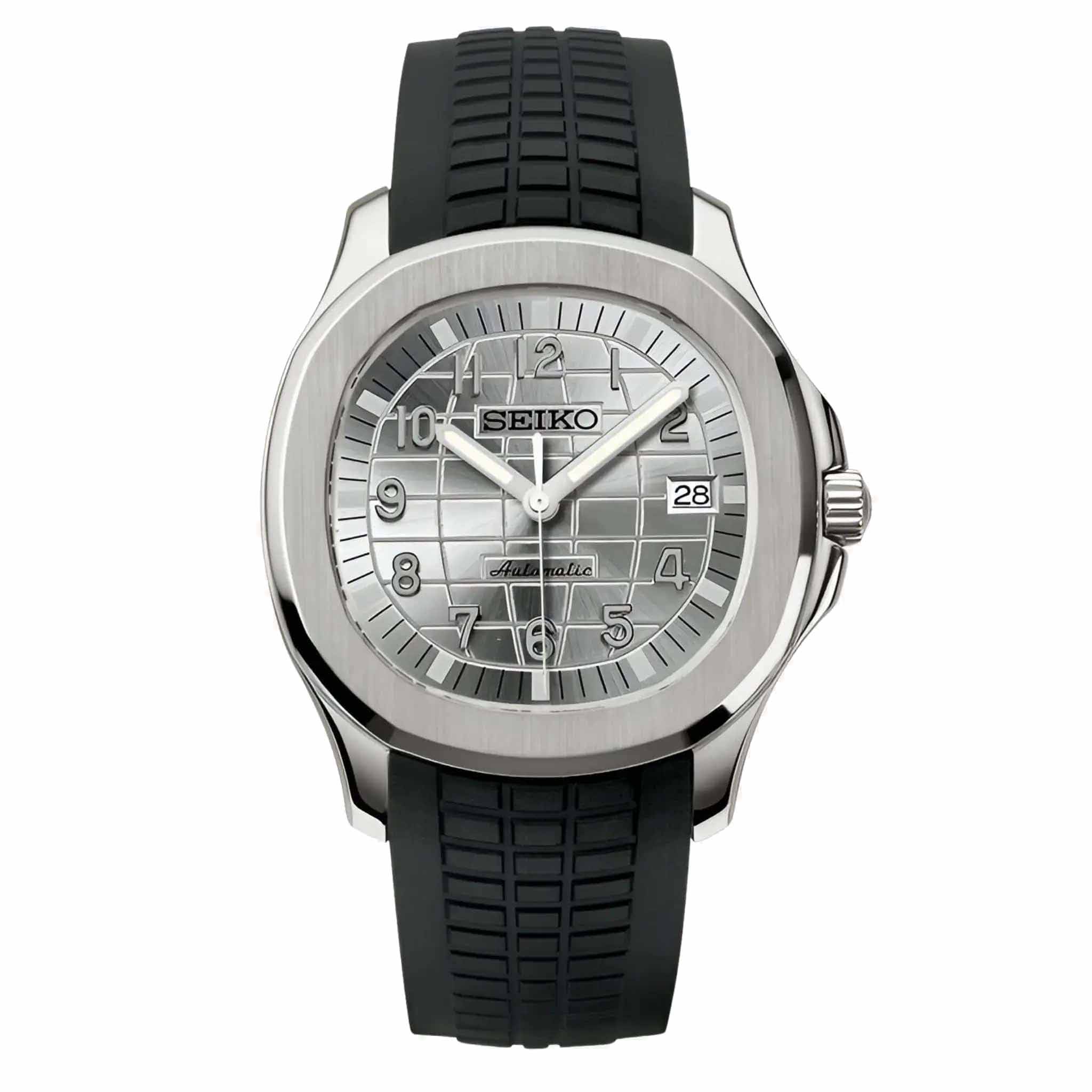 Seiko Mod Aquanaut Silver Automatikuhr mit NH35 Uhrwerk, silbernem Zifferblatt, Edelstahlgehäuse und schwarzem Kautschukarmband