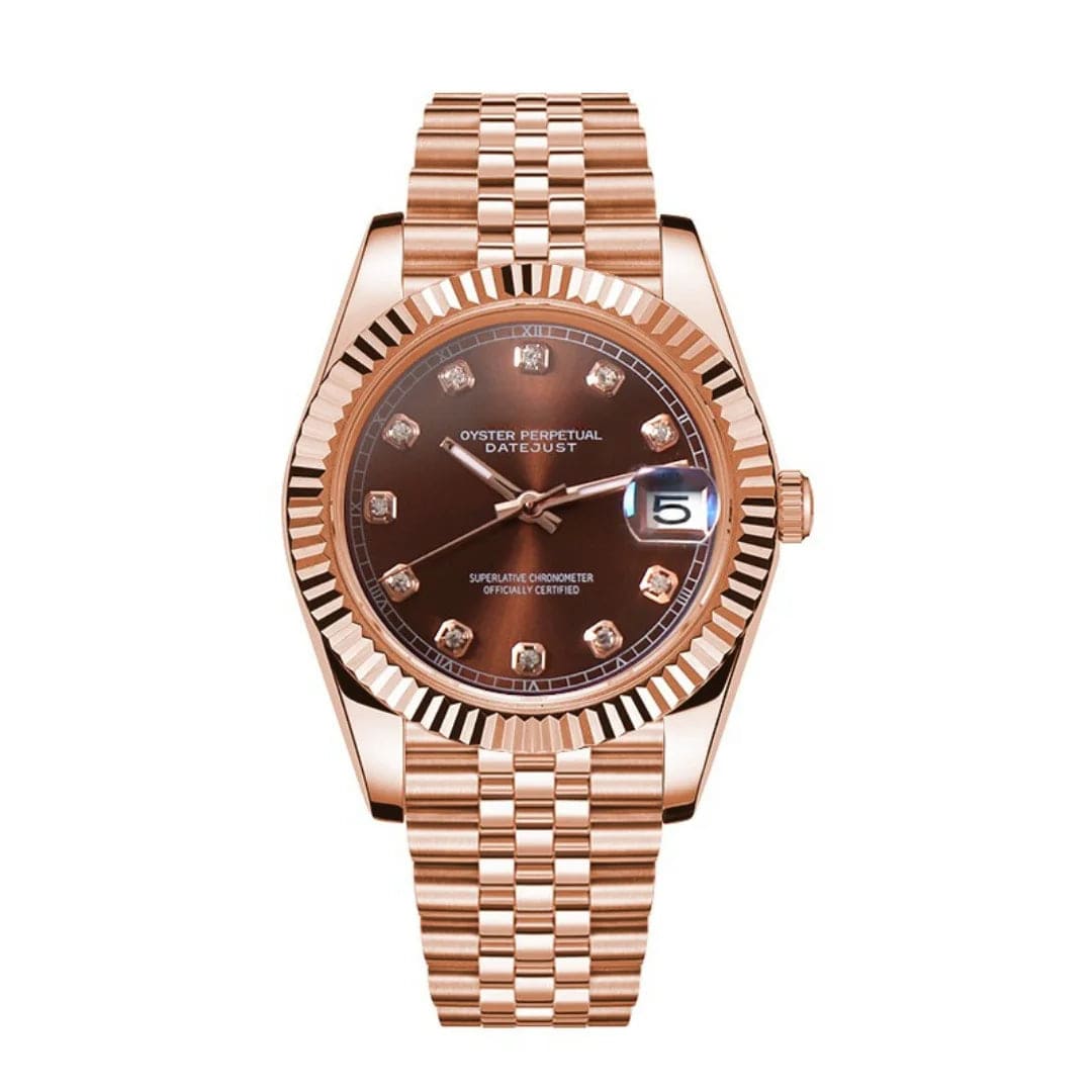 Seiko Mod Datejust Chocolate Crystals Rose Gold mit NH35 Uhrwerk, braunem Zifferblatt und Kristall-Indizes