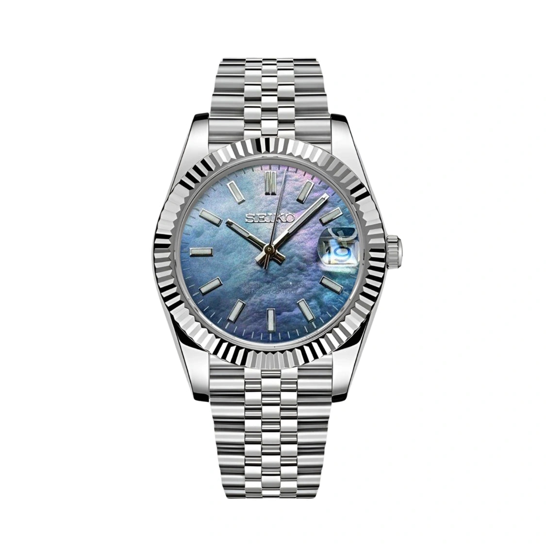 Seiko Mod Datejust Cosmos Automatikuhr mit NH35 Uhrwerk, schimmerndem Perlmutt-Zifferblatt in Blau-Violett, gerillter Lünette, Jubilee-Edelstahlarmband und Datumsanzeige