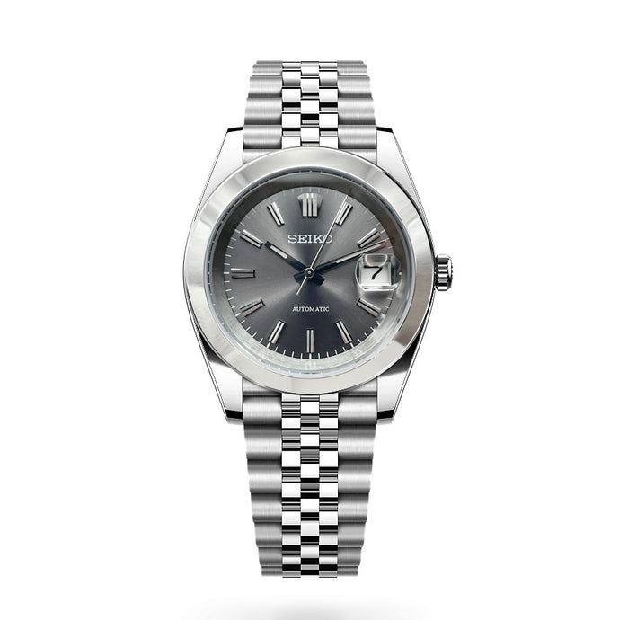 Seiko Mod Datejust Grey Smooth Bezel Automatikuhr mit NH35 Uhrwerk, grauem Sonnenschliff-Zifferblatt, glattem Lünettenring, Jubilee-Edelstahlarmband und Datumsanzeige