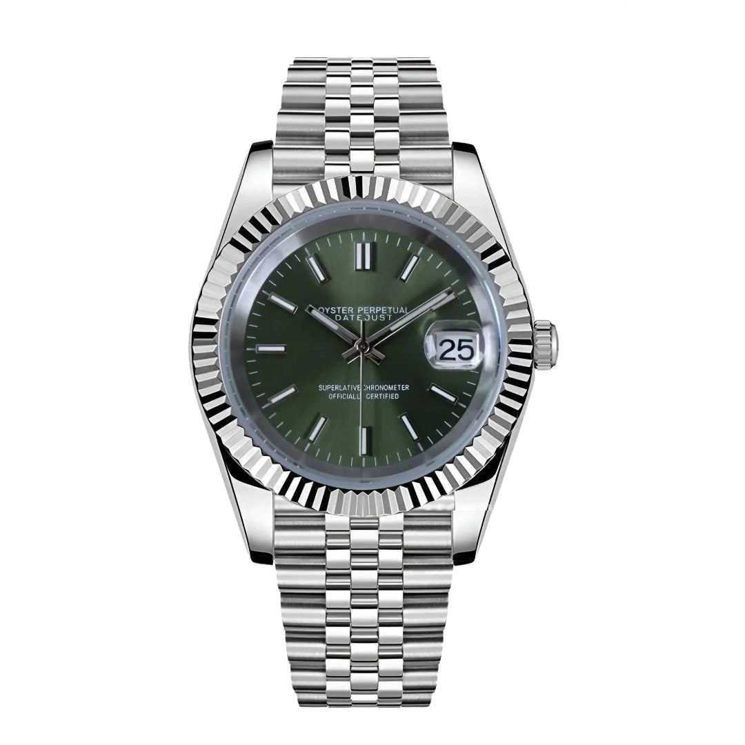Frontansicht der Seiko Mod Datejust Grün Mint Green mit grünem Zifferblatt und Jubilee-Armband