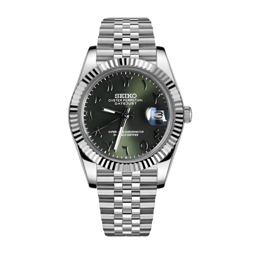 Seiko Mod Datejust Mint Green Arabic Automatikuhr mit NH35 Uhrwerk, Mint Green Zifferblatt, arabischen Ziffern, gerillter Lünette, Jubilee-Edelstahlarmband und Datumsanzeige