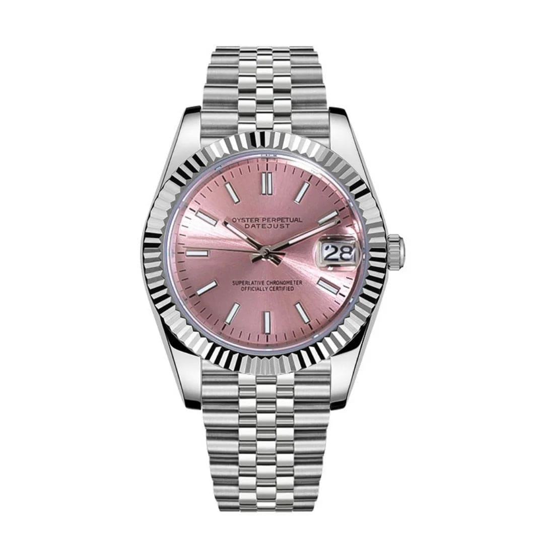 Seiko Mod Datejust Pink mit NH35 Automatikwerk, rosafarbenem Sunburst-Zifferblatt, Datumsfenster und Edelstahl Jubilee Armband