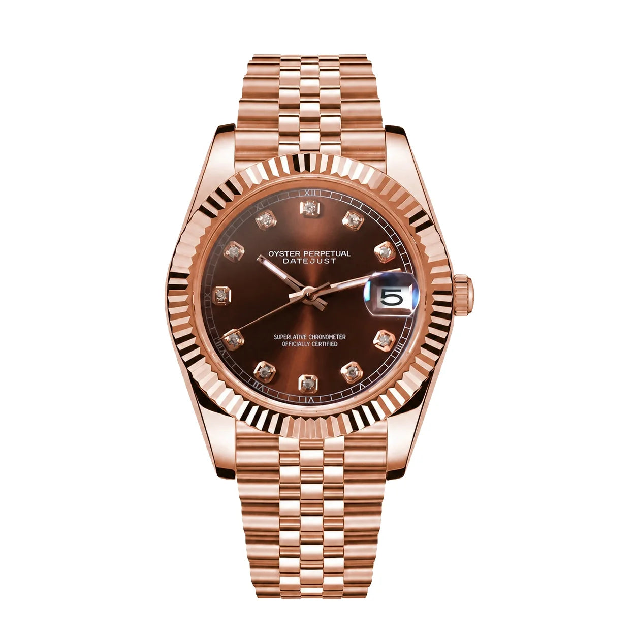 Frontansicht der Seiko Mod Datejust Roségold Braun mit braunem Zifferblatt und Jubilee-Armband