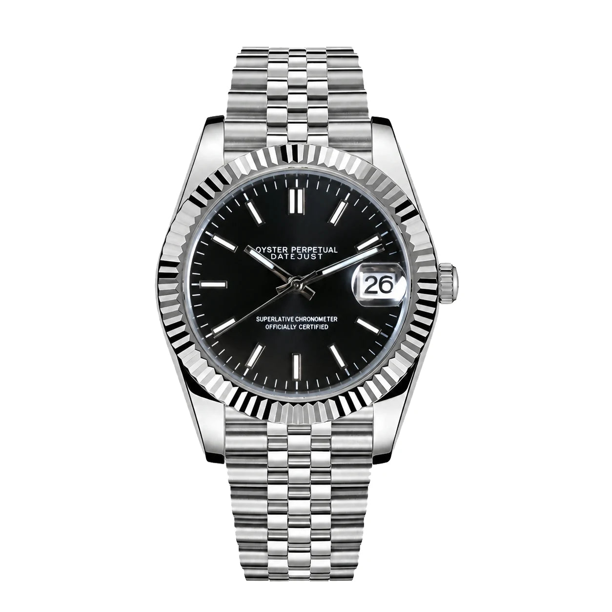 Gerade Produktansicht der Seiko Mod Datejust mit schwarzem Zifferblatt und Datumsanzeige