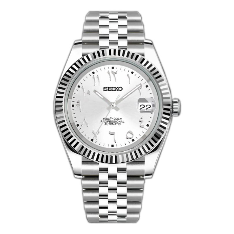Seiko Mod Datejust Silver Arabic Automatikuhr mit arabischen Ziffern und Datumsanzeige