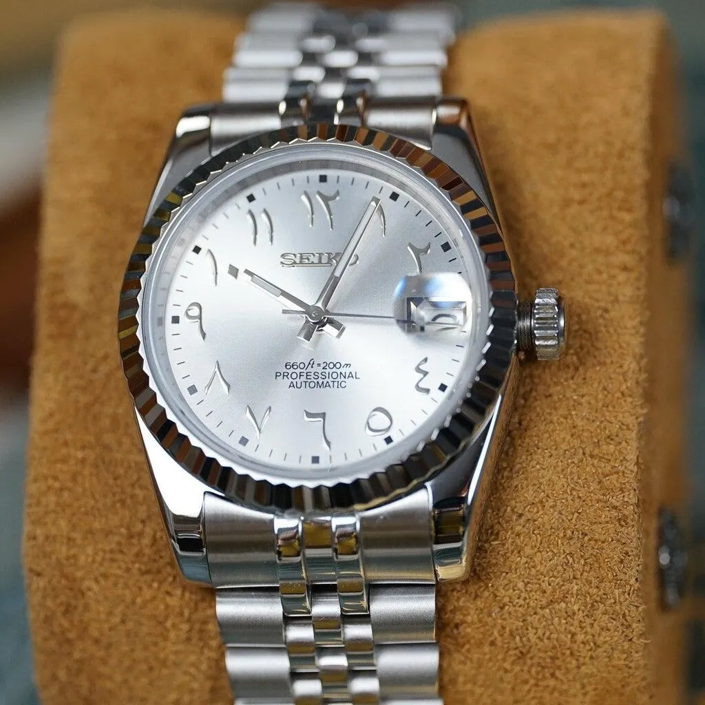 Seiko Mod Datejust Silver Arabic mit silbernem Zifferblatt, arabischen Ziffern und nh35 automatik Uhrwerk