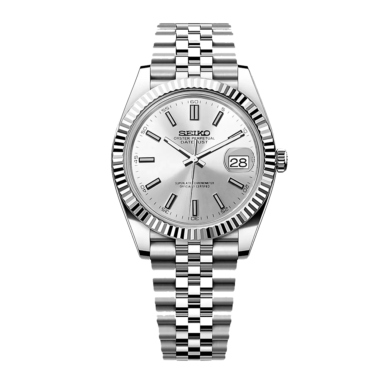 Seiko Mod Datejust Silver nh35 Automatikuhr mit silbernem Zifferblatt und Edelstahlarmband
