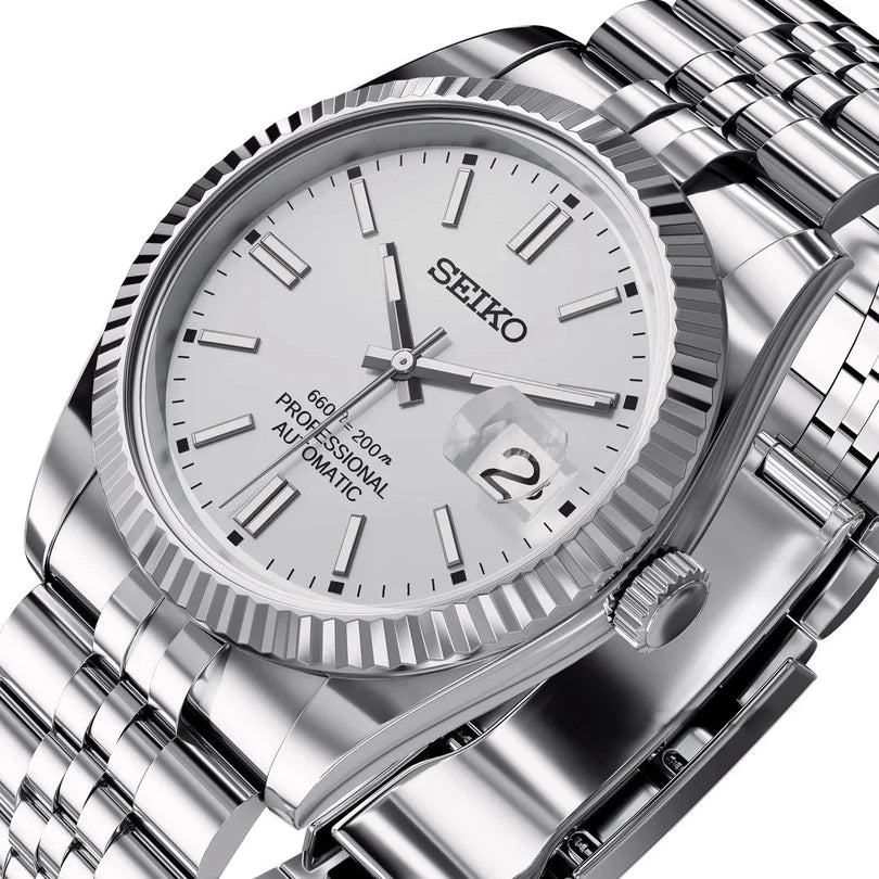 Seiko Mod Datejust Silver mit nh35 automatik Uhrwerk, Edelstahlgehäuse und gerillter Lünette, 40mm