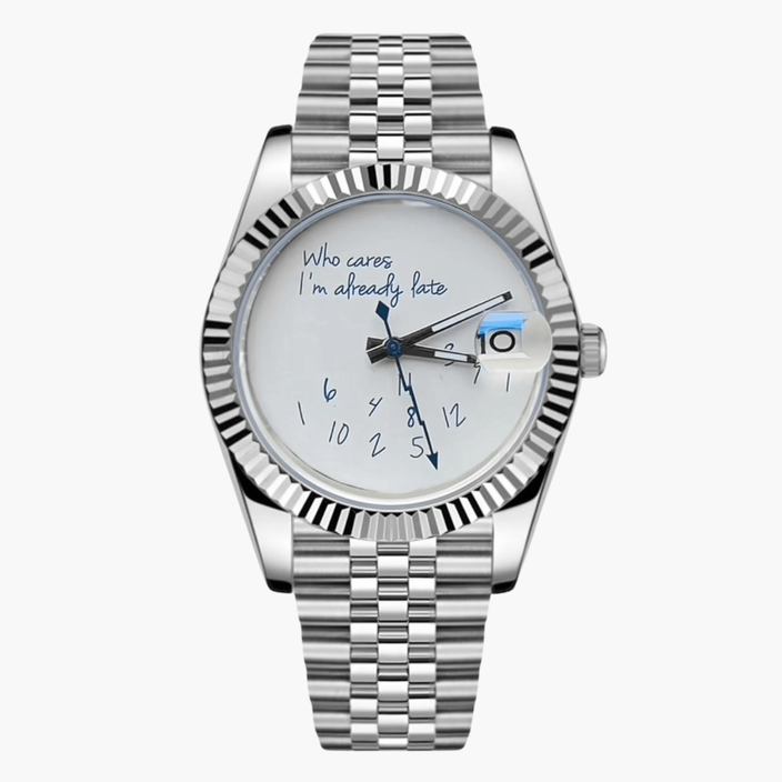 Seiko Mod Datejust who cares I'm allready late Edelstahlarmband und Seiko NH35 Automatikwerk, inspiriert vom klassischen Datejust Design