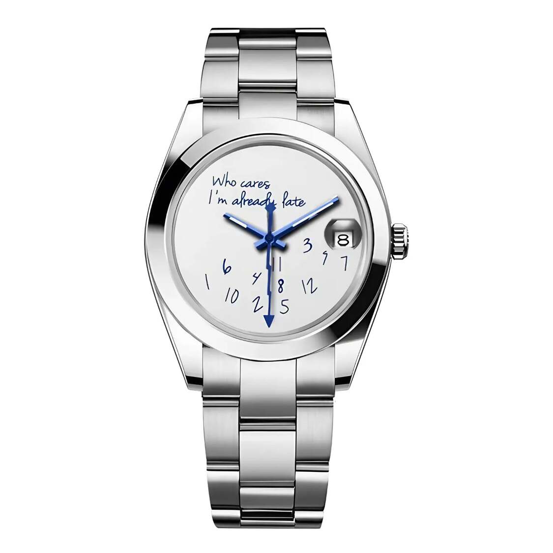 Seiko Mod Datejust 'Who Cares I'm Already Late' Smooth Bezel Automatikuhr mit NH35 Uhrwerk, weißem Zifferblatt, blauen Zeigern, Jubilé-Edelstahlarmband und Datumsanzeige