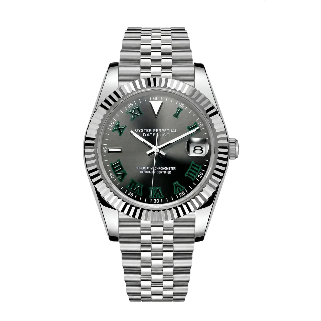 Seiko Mod Datejust in Frontansicht mit Wimbledon-Zifferblatt, Datumslupe und Saphirglas