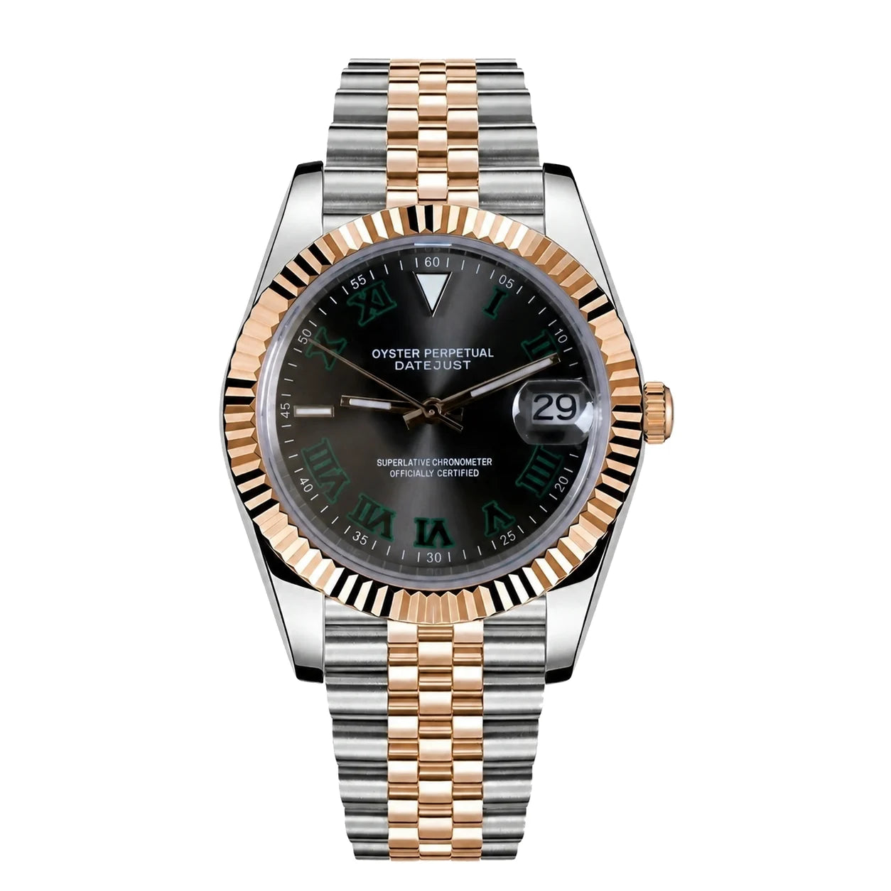 Frontansicht der Seiko Mod Datejust Wimbledon two tone mit dunkelgrauem Zifferblatt und grünen römischen Zahlen