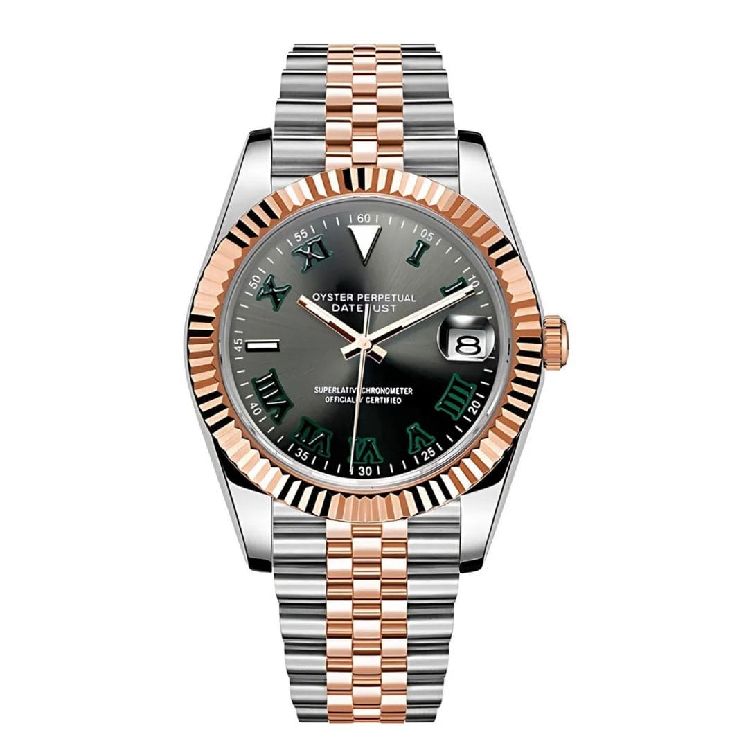 Seiko Mod Datejust Wimbledon Two-Tone mit NH35 Automatikwerk, grauem Zifferblatt, grünen römischen Ziffern und Roségold-Edelstahl Jubilee Armband