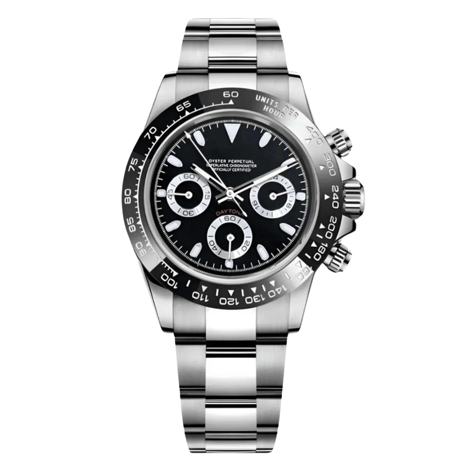 Seiko Mod Daytona Black Panda Chronograph mit VK63 Hybrid-Uhrwerk, schwarzem Panda-Zifferblatt, silbernen Subdials und Edelstahlgehäuse