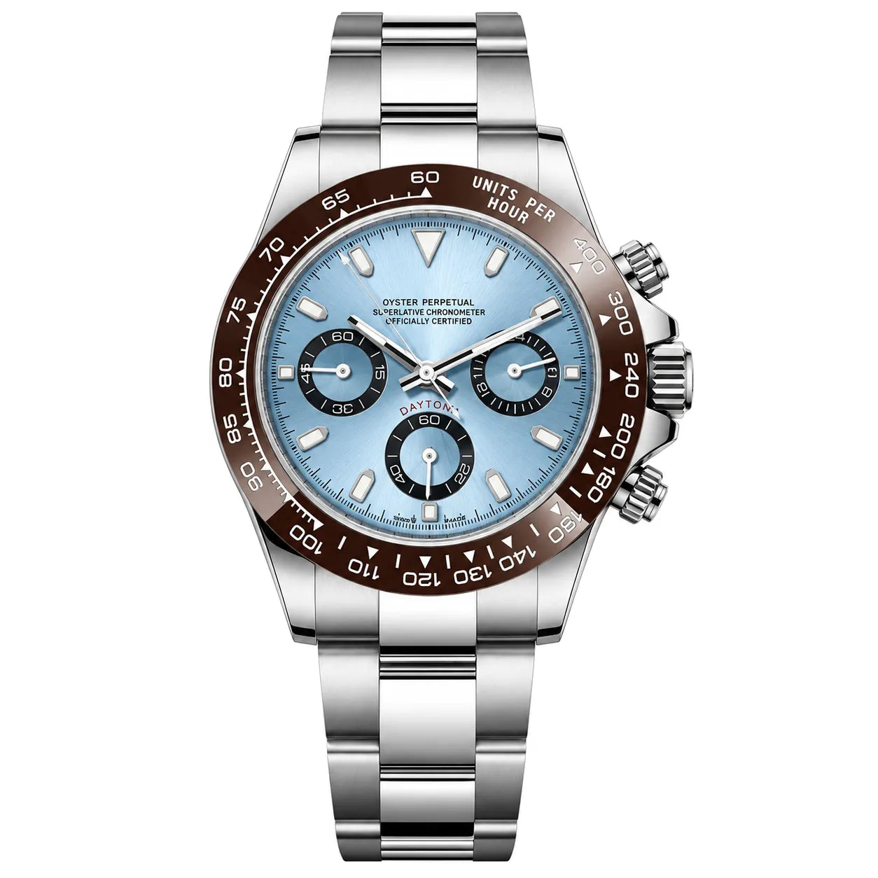 Produktbild der Seiko Mod Daytona Platinum Ice Blue mit drei Totalisatoren und silberfarbenem Gehäuse