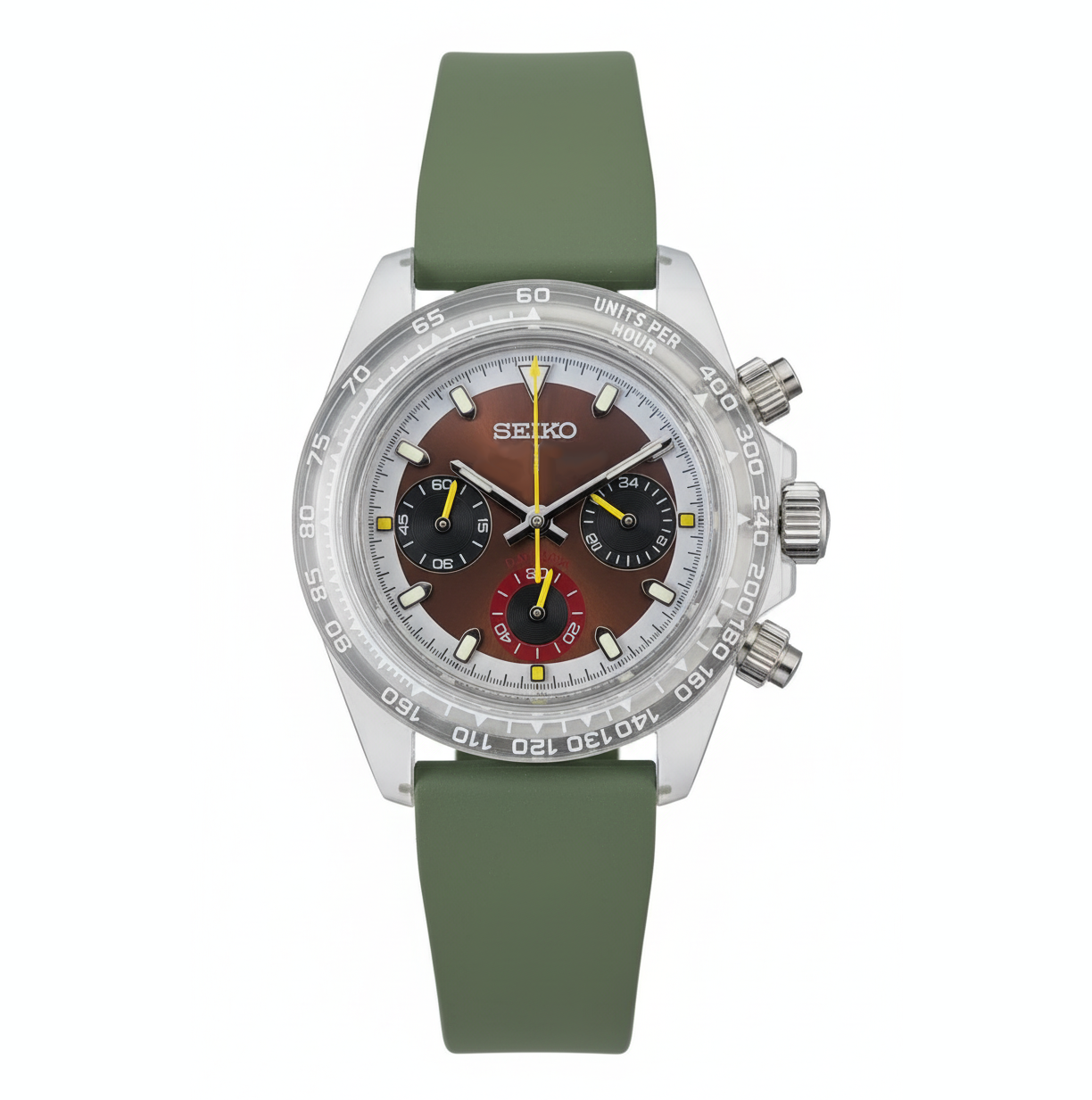 Seiko Mod Daytona Plex Chocolate Chronograph mit braunem Zifferblatt, Plexiglas, Edelstahlgehäuse, Tachymeter-Lünette und grünem Kautschukarmband