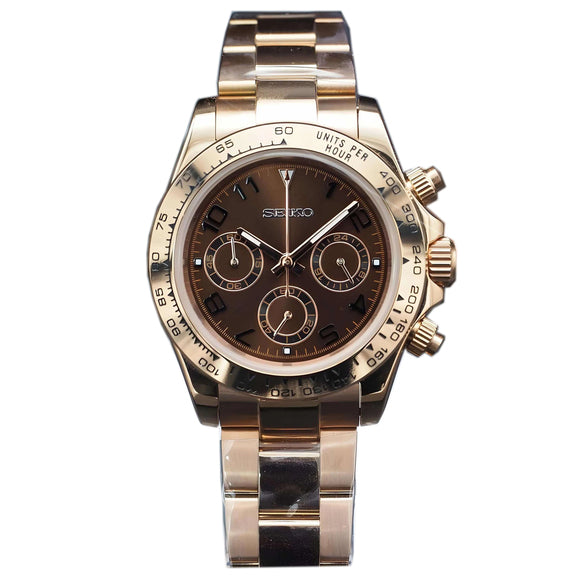Seiko Mod Daytona Rose Gold Chocolate Chronograph mit VK63 Uhrwerk, Chocolate-Zifferblatt, schwarzen Totalisatoren, Tachymeter-Lünette, Roségold-Gehäuse und Oyster-Armband