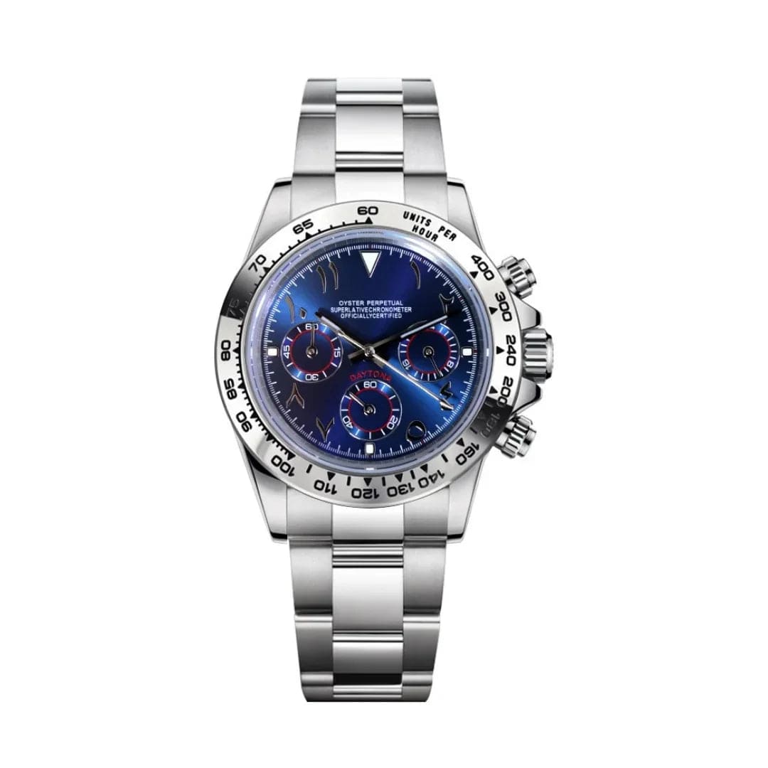 Seiko Mod Daytona Royal Blue Metallic Arabic Chronograph mit VK63 Hybrid-Uhrwerk, königsblauem metallischem Zifferblatt, arabischen Ziffern, Tachymeter-Lünette und Oyster Edelstahlarmband