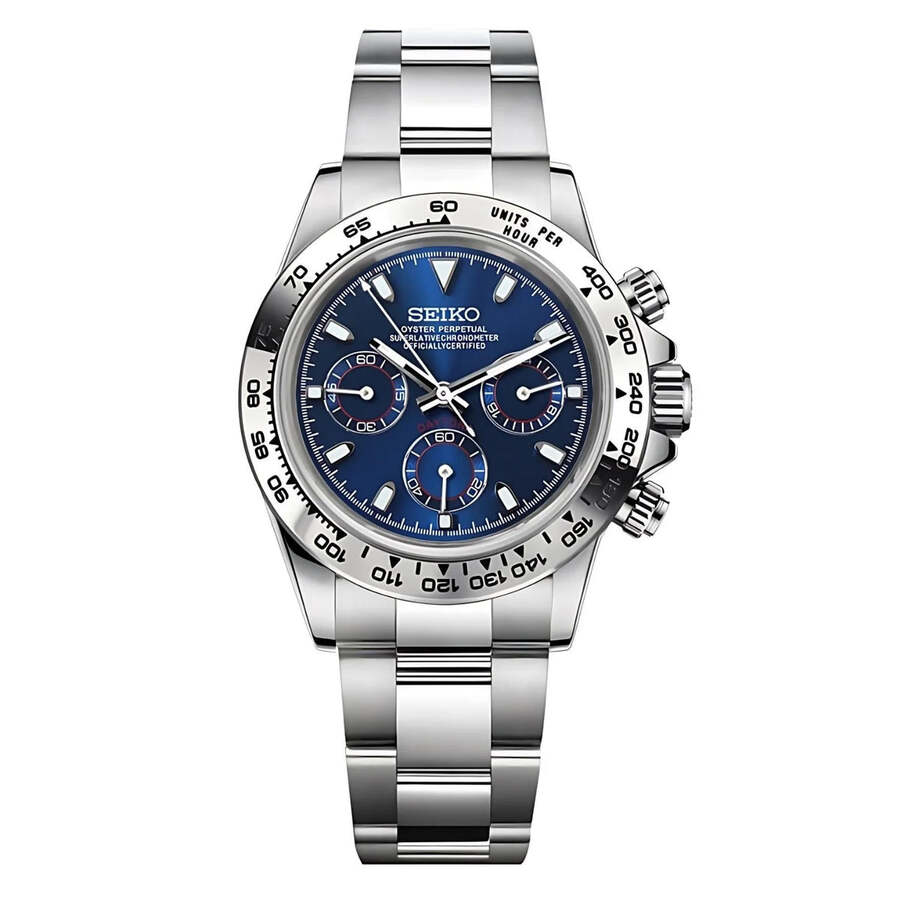 Seiko Mod Daytona Royal Blue Metallic Chronograph mit VK63 Uhrwerk, metallischem Royal Blue Zifferblatt, drei Totalisatoren, Tachymeter-Lünette, Edelstahlgehäuse und Oyster-Armband