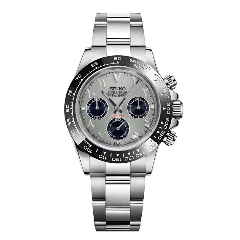 Seiko Mod Daytona Silver Arabic Chronograph mit VK63 Uhrwerk, silbernem Zifferblatt, arabischen Ziffern, schwarzen Totalisatoren, Tachymeter-Lünette und Oyster-Edelstahlarmband