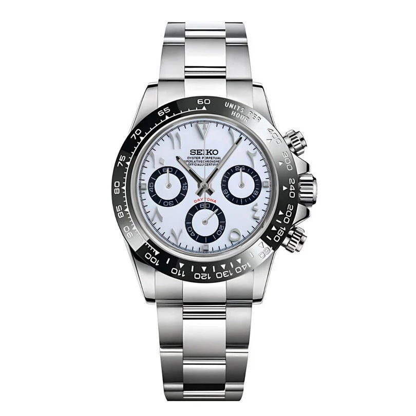 Seiko Mod Daytona White Arabic Chronograph mit VK63 Hybrid-Quarzwerk, weißem Zifferblatt, arabischen Ziffern, schwarzen Totalisatoren, Tachymeter-Lünette und Oyster-Edelstahlarmband
