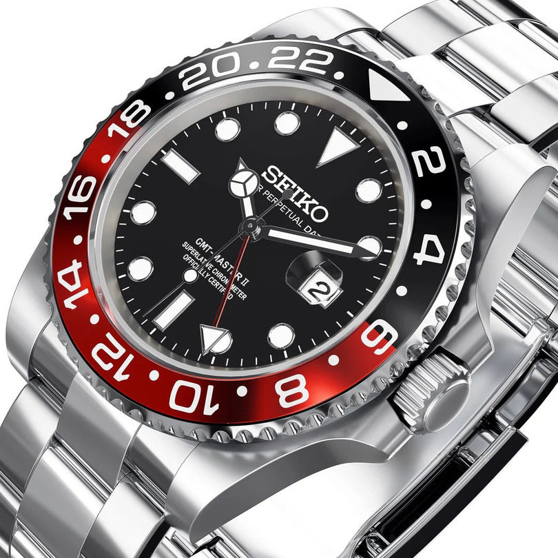 Seiko Mod GMT Coke Nahaufnahme mit NH34 GMT Uhrwerk, rot-schwarzer Coke Lünette, poliertem Edelstahlgehäuse, Dual-Time