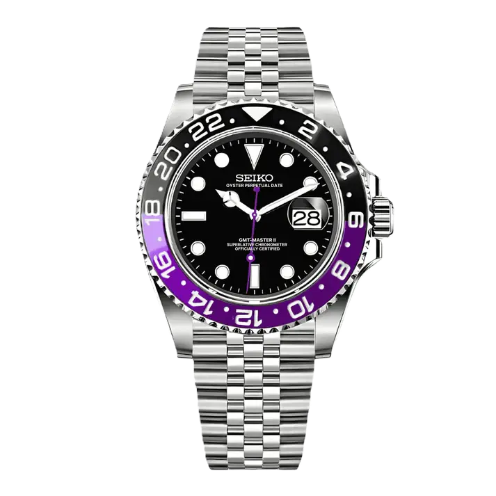 Seiko Mod GMT Joker Automatikuhr mit schwarzem Zifferblatt und lila-schwarzer GMT-Lünette, Jubilé-Armband