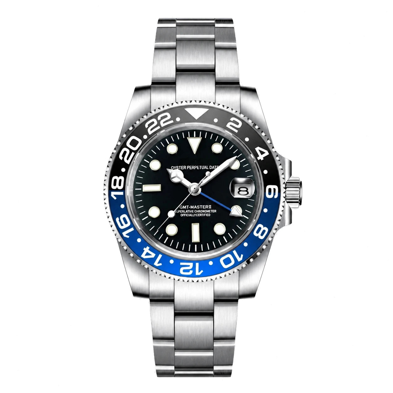 Seiko Mod GMT in Frontansicht mit blau-schwarzer Lünette, GMT-Zeiger und Edelstahlgehäuse