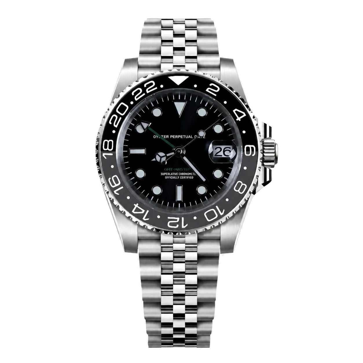 Seiko Mod GMT in Frontansicht mit Bruce Wayne Lünette, GMT-Zeiger und Jubilee-Armband