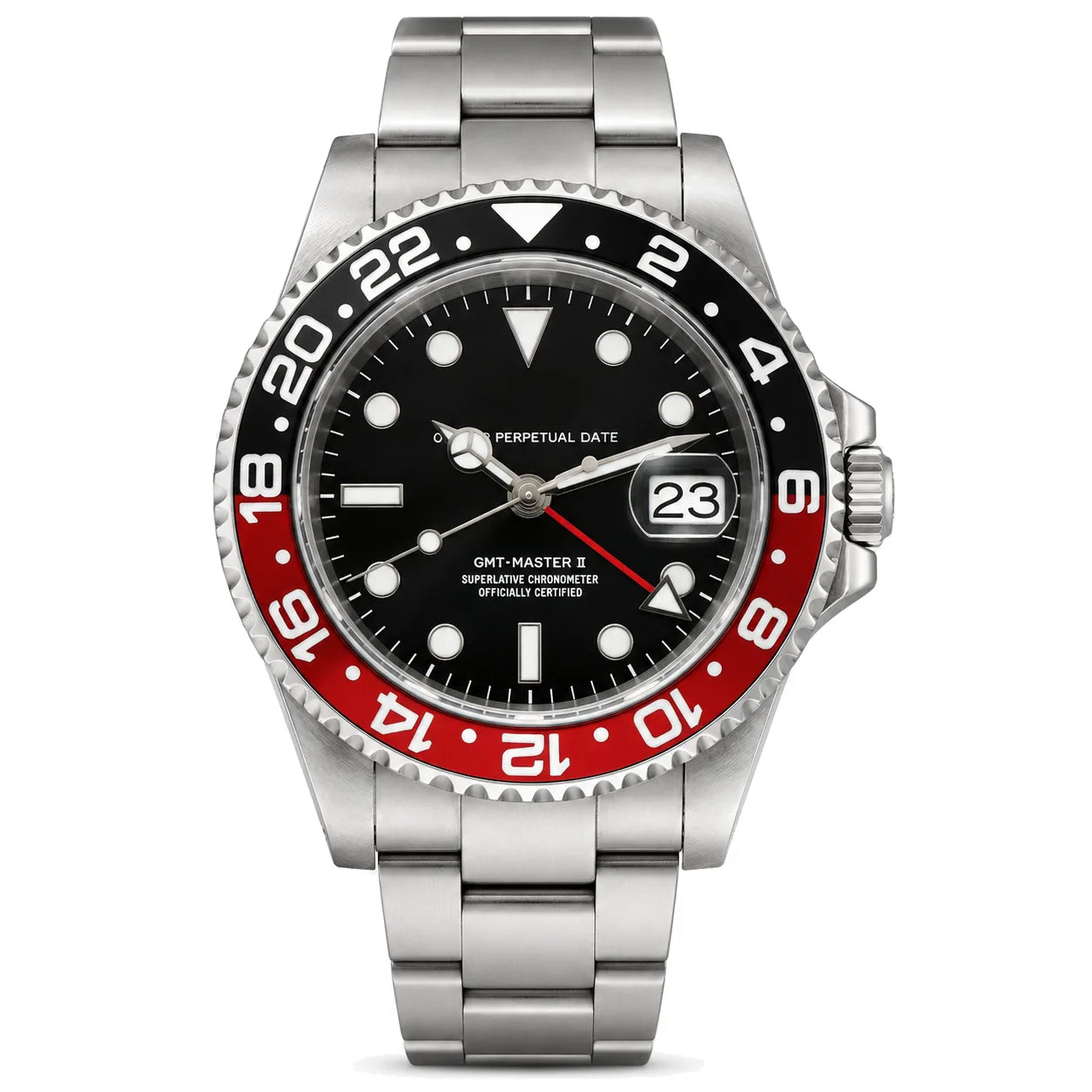 Frontansicht der Seiko Mod GMT-Master Coke mit schwarzem Zifferblatt und rot-schwarzer Lünette