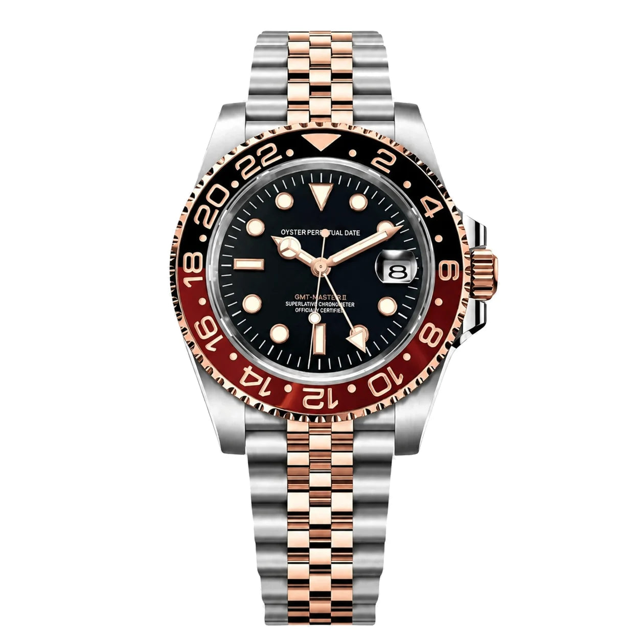 Frontansicht der Seiko Mod GMT-Master Root Beer mit schwarzem Zifferblatt und Two-Tone Jubilee-Armband