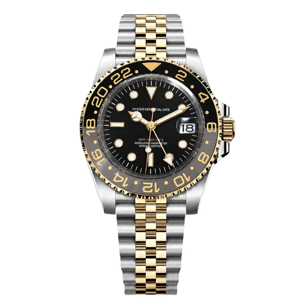 Seiko Mod GMT-Master Root Beer mit schwarzem Zifferblatt, braun-schwarzer Lünette und Jubilee-Armband in Frontansicht