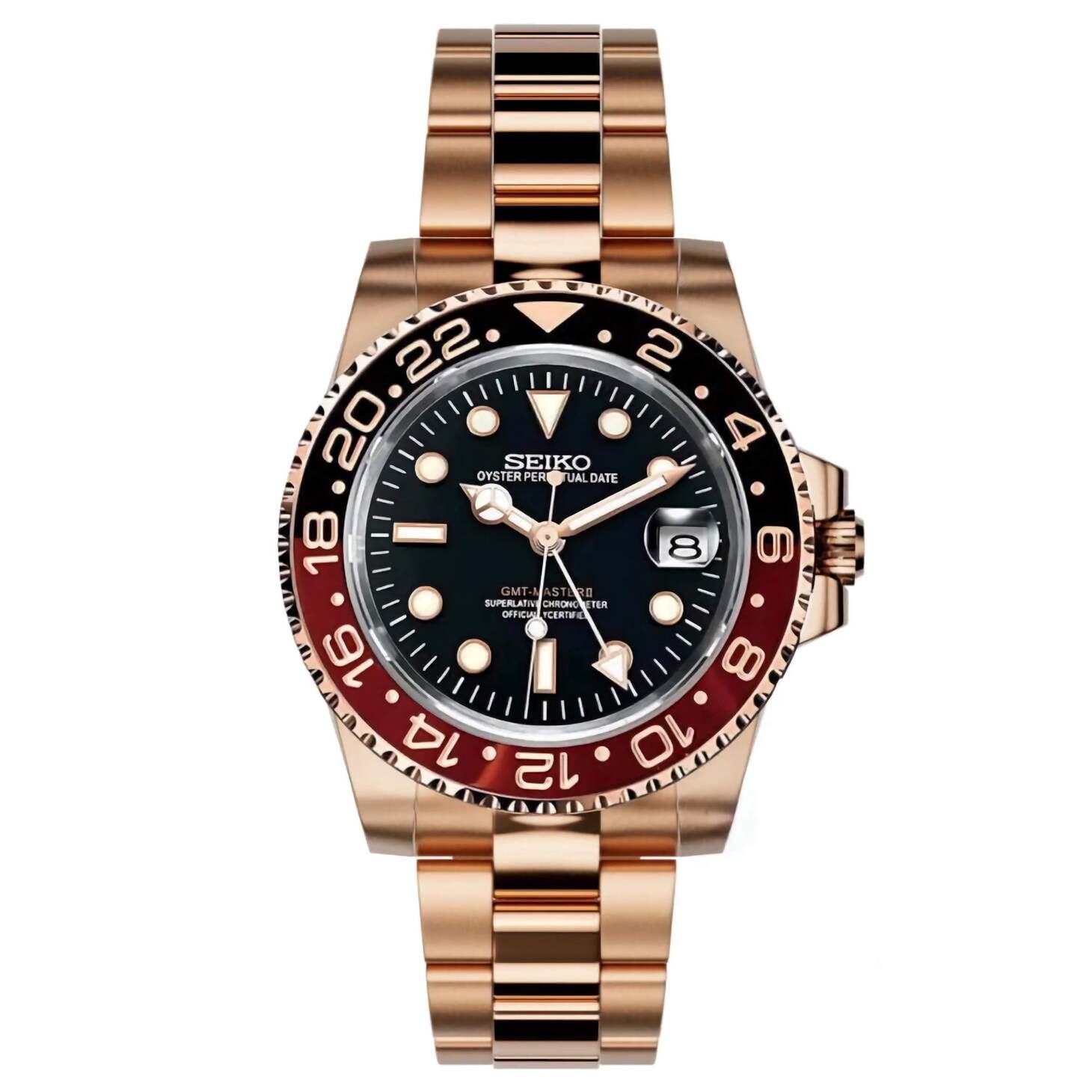 Seiko Mod GMT Rootbeer in Roségold mit schwarzem Zifferblatt und braun-schwarzer GMT-Lünette, Automatikuhr