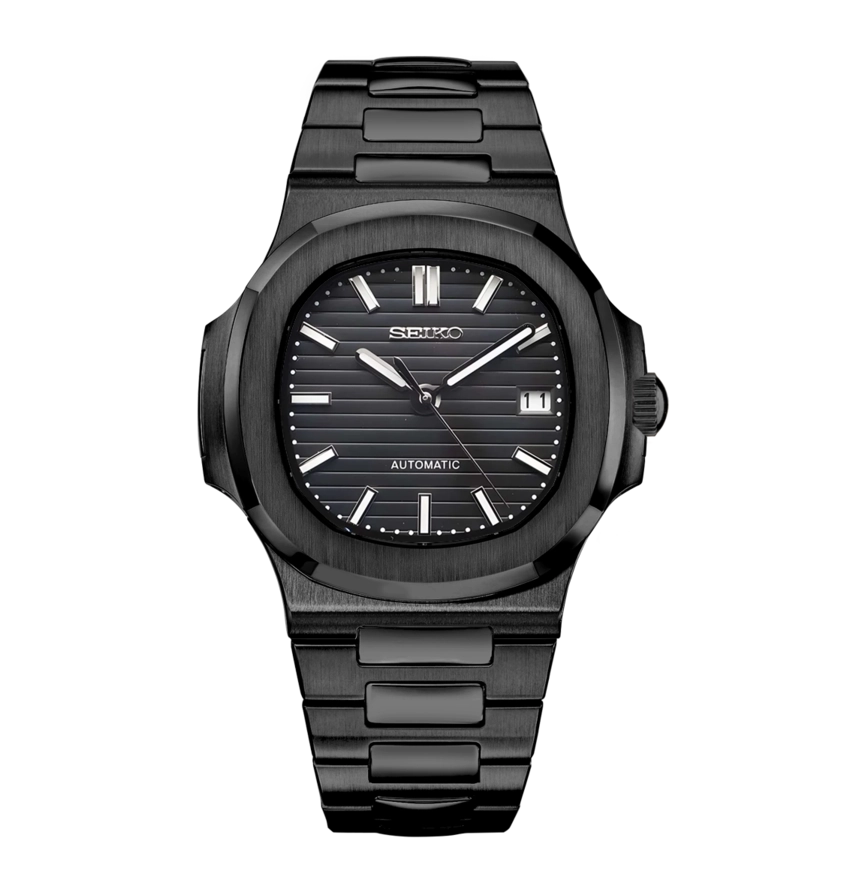 Seiko Mod Nautilus All Black Automatikuhr mit gebürstetem Edelstahlgehäuse und Datumsanzeige