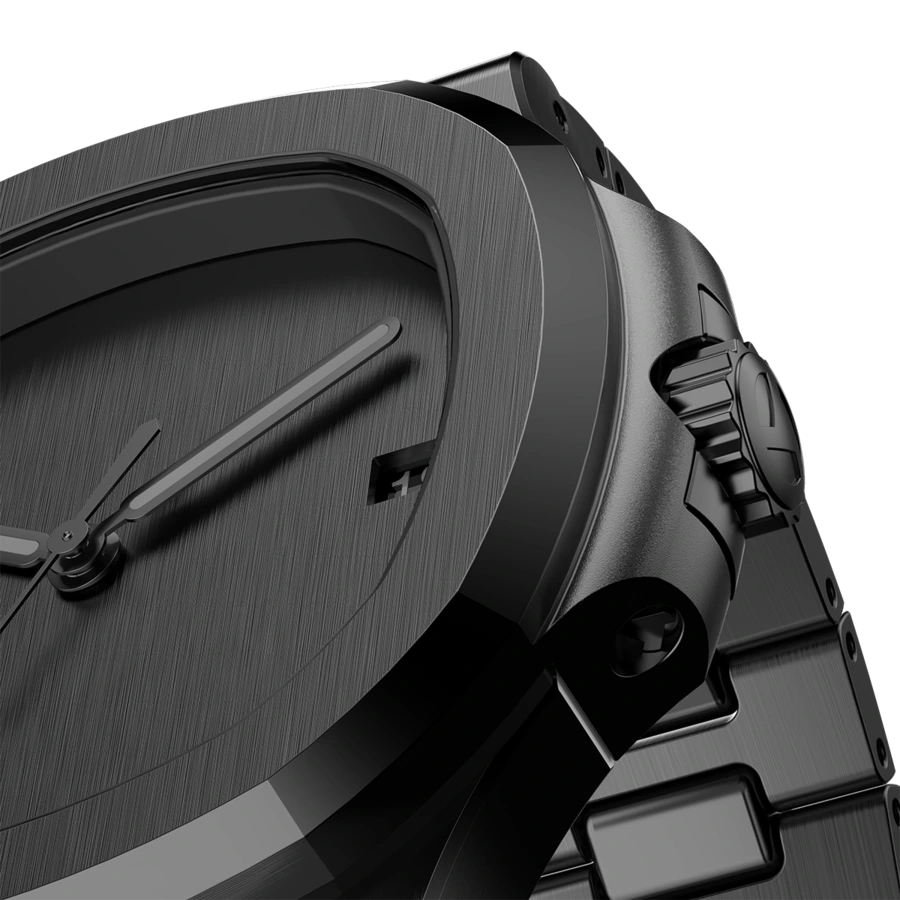 Makroaufnahme der Krone und des Gehäuserands der Seiko Mod Nautilus Black Minimalist