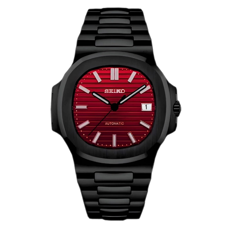 Seiko Mod Nautilus Black Red Automatikuhr mit rotem Zifferblatt und schwarzem Gehäuse