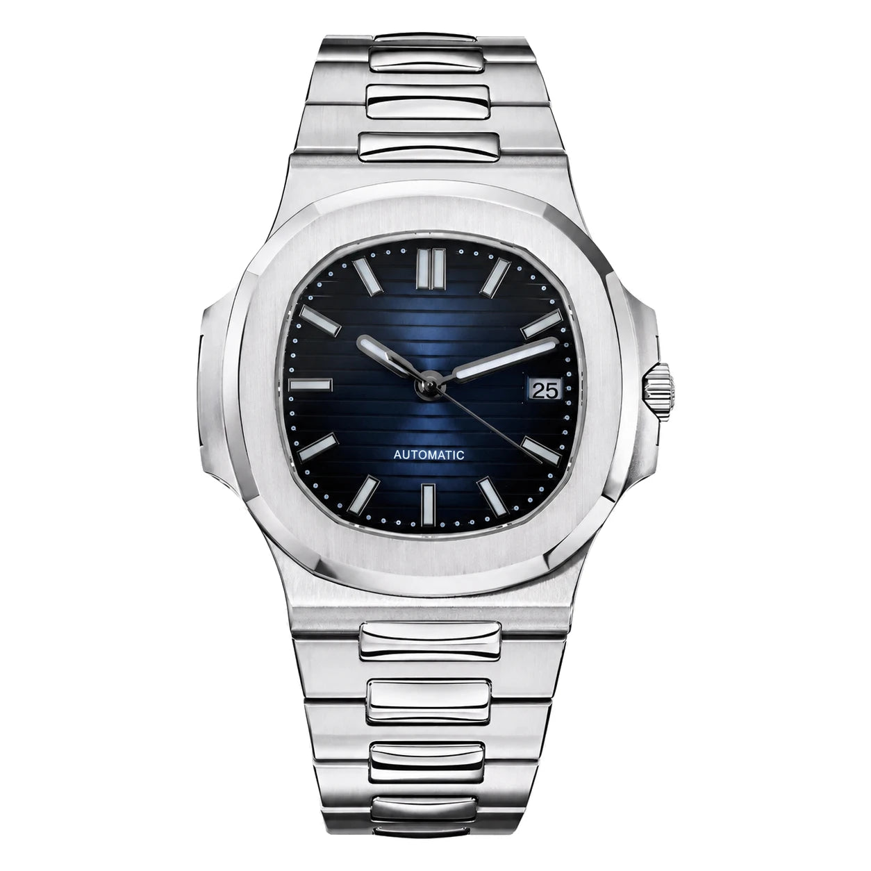 Frontansicht der Seiko Mod Nautilus mit blauem Zifferblatt und integriertem Edelstahlarmband.