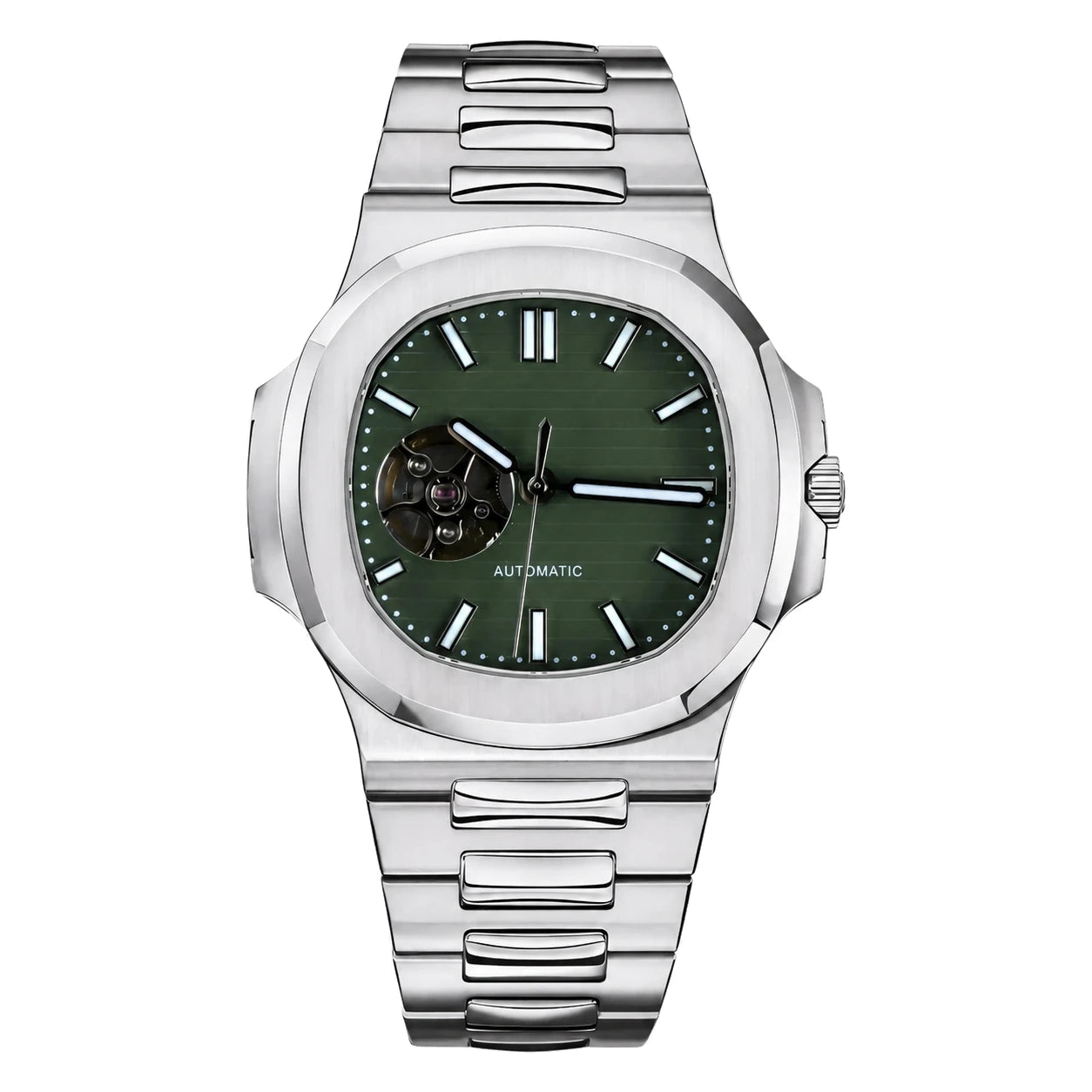 Frontalaufnahme der Seiko Mod Nautilus Open Heart mit Edelstahlgehäuse und grünem Zifferblatt.