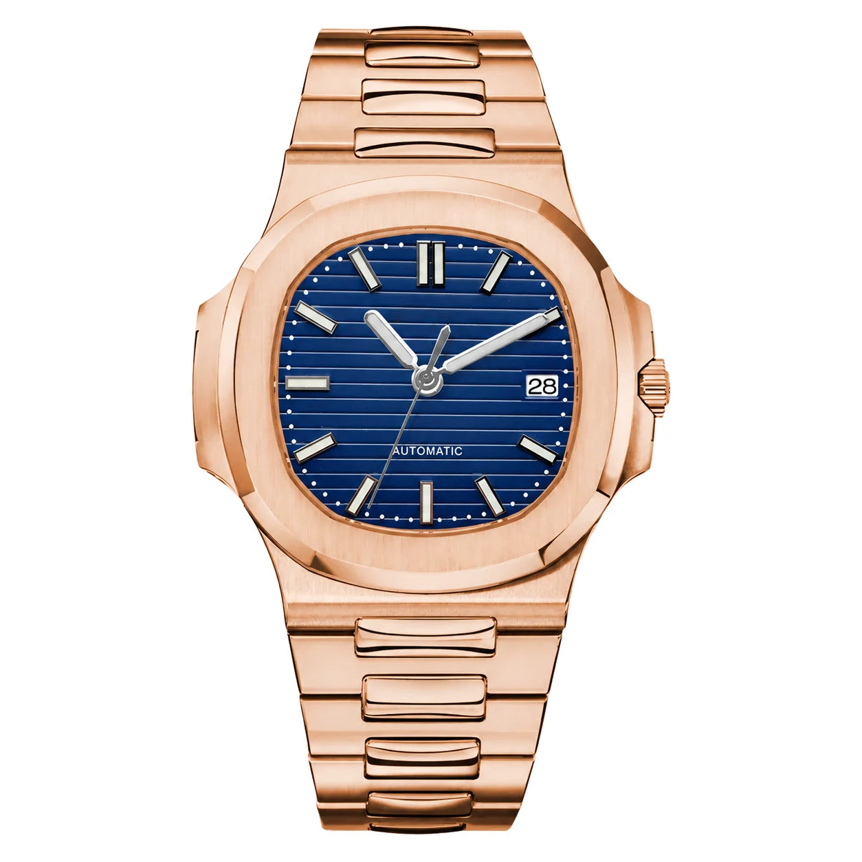 Zentrierte Ansicht der Seiko Mod Nautilus mit blauem Zifferblatt und roségoldfarbenem Edelstahlarmband.