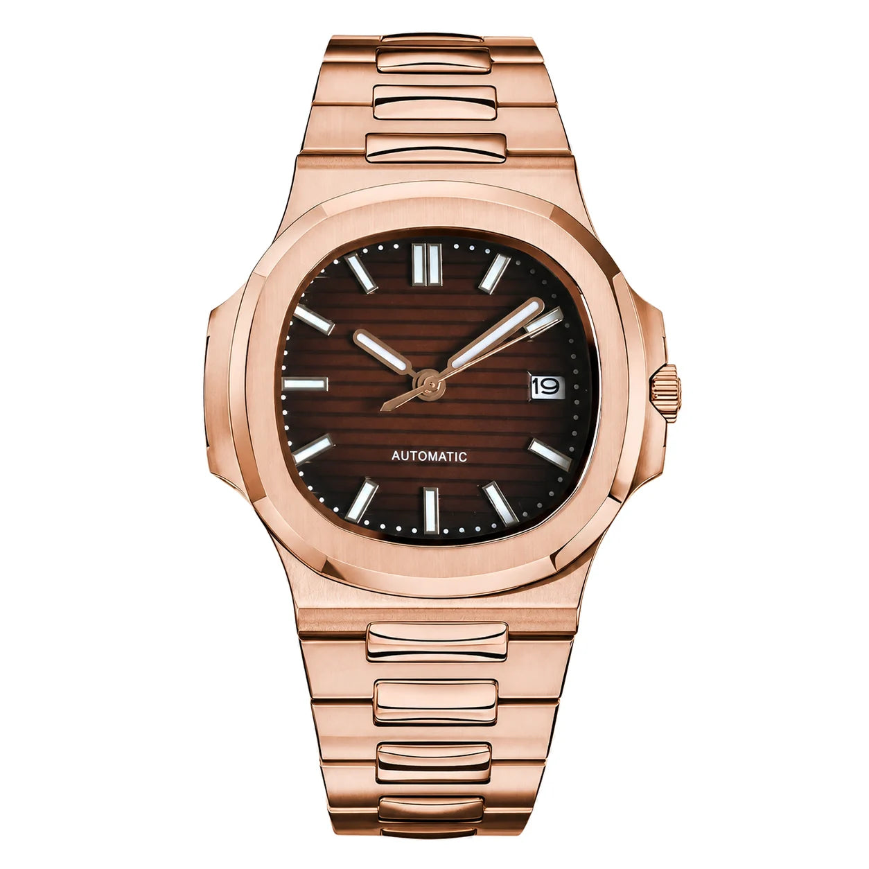 Gerade Produktansicht der Seiko Mod Nautilus mit braunem Zifferblatt und Datumsanzeige bei 3 Uhr.