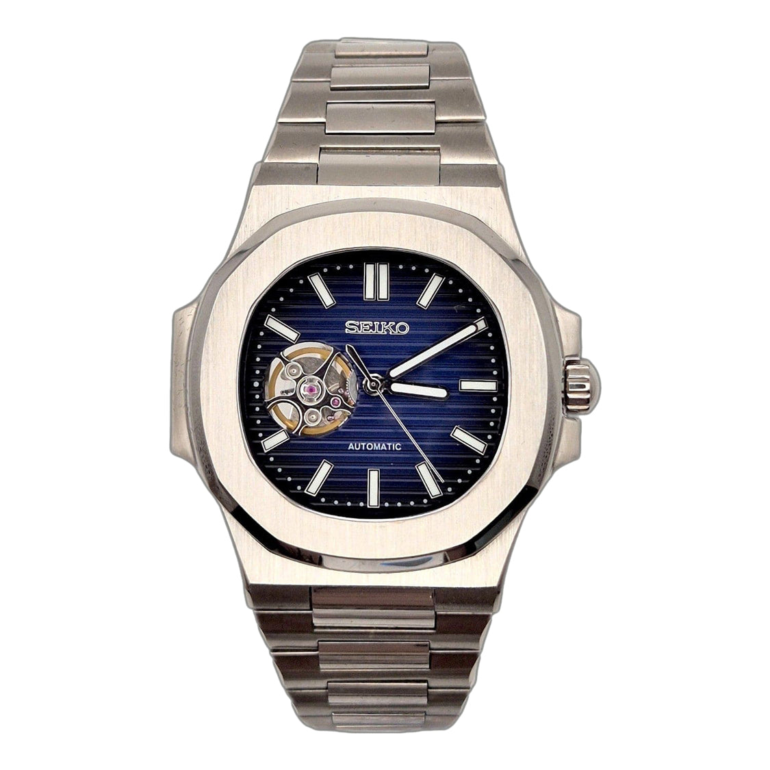 Seiko Mod Nautilus Royal Blue Open Heart Automatikuhr mit königsblauem Zifferblatt und sichtbarem Nh38 Uhrwerk