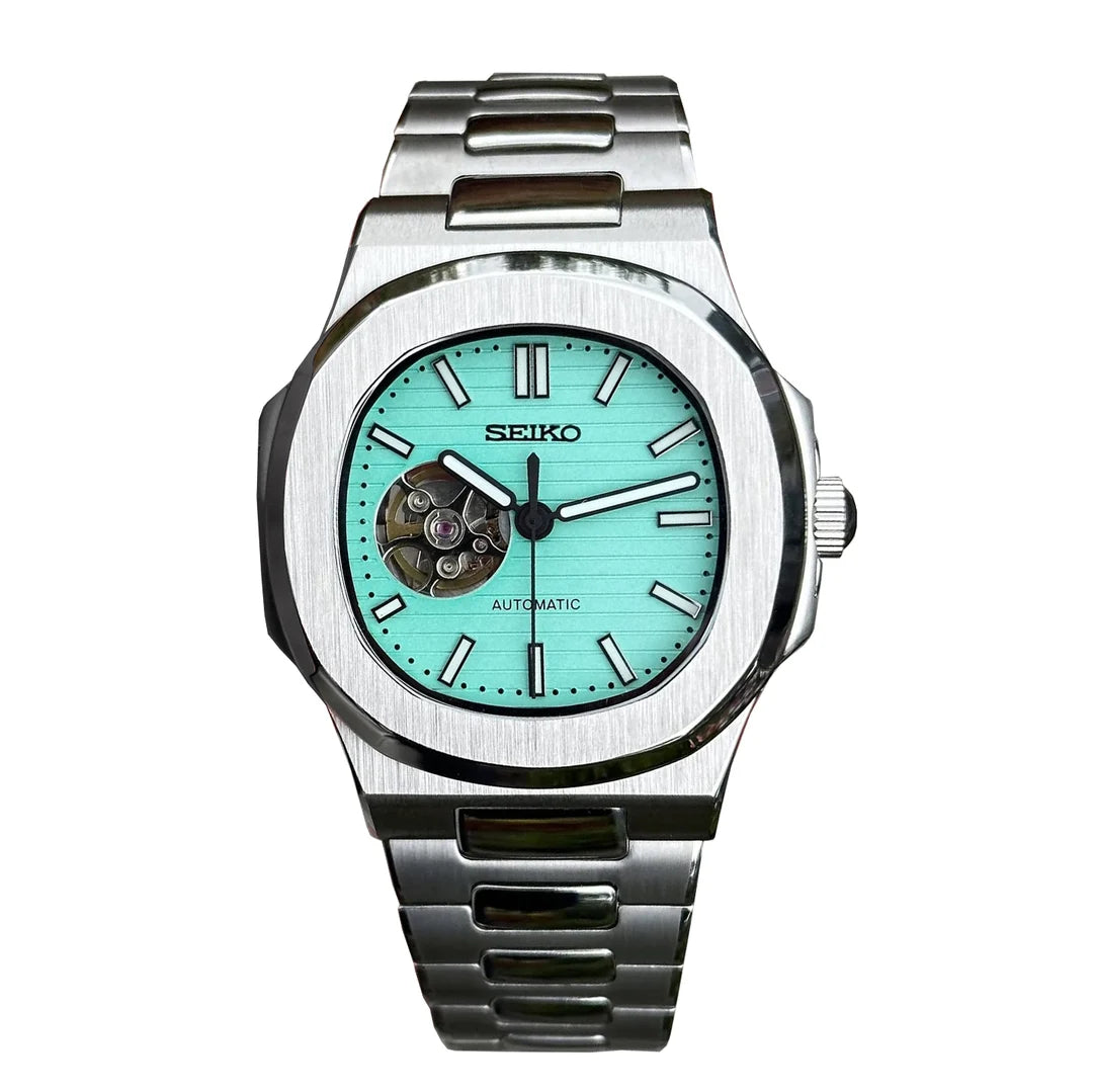 Seiko Mod Nautilus Tiffany Open Heart Automatikuhr mit türkisem Zifferblatt und sichtbarem Uhrwerk
