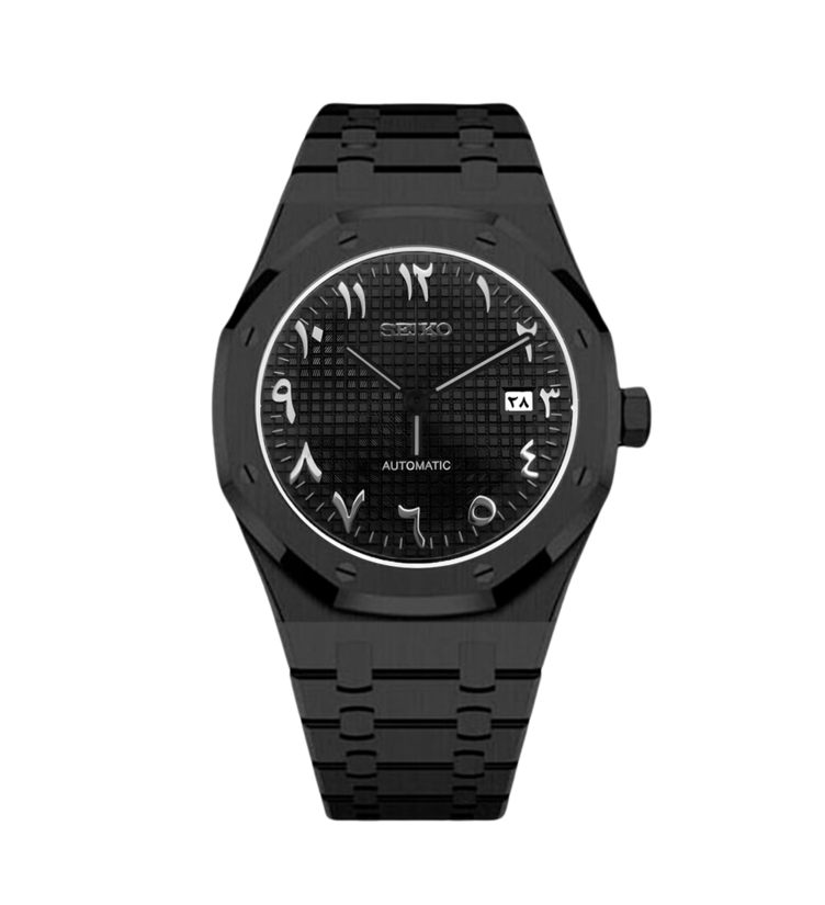 Seiko Mod Royal Oak All Black Arabic Automatikuhr mit schwarzem Waffle-Zifferblatt, arabischen Ziffern und Edelstahlarmband