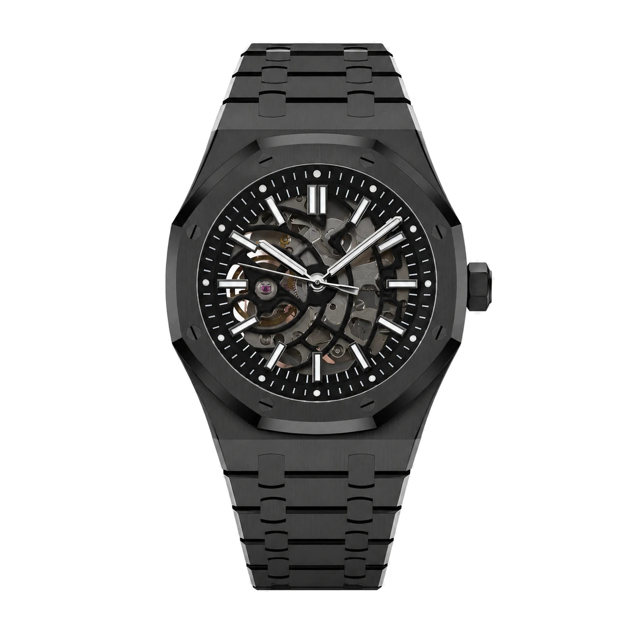 Frontansicht der Seiko Mod Royal Oak All Black Skeleton mit offenem Zifferblatt und schwarzem Edelstahlarmband