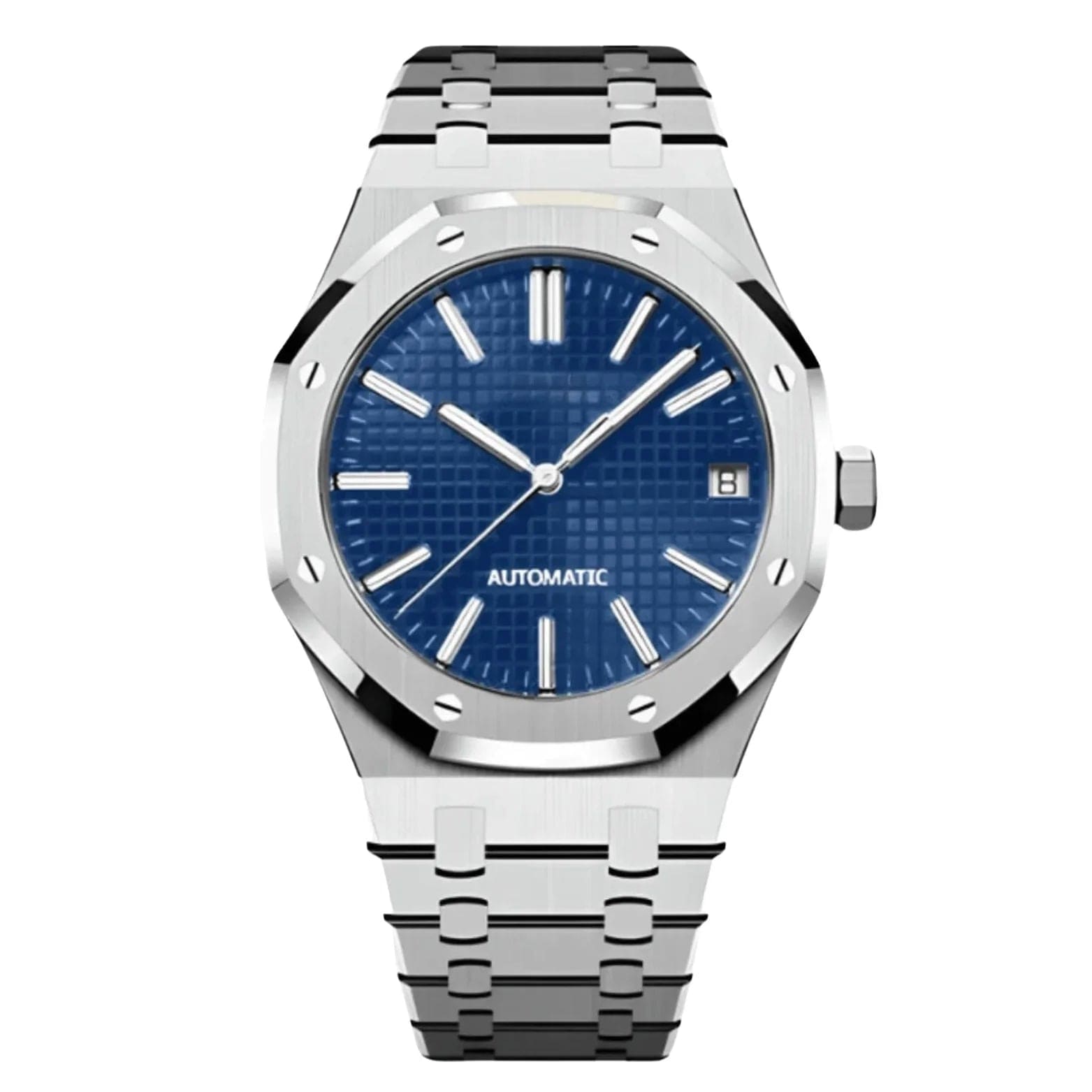 Seiko Mod Royal Oak Blue Automatikuhr mit navyblauem Waffle-Zifferblatt, Edelstahlgehäuse und integriertem Armband