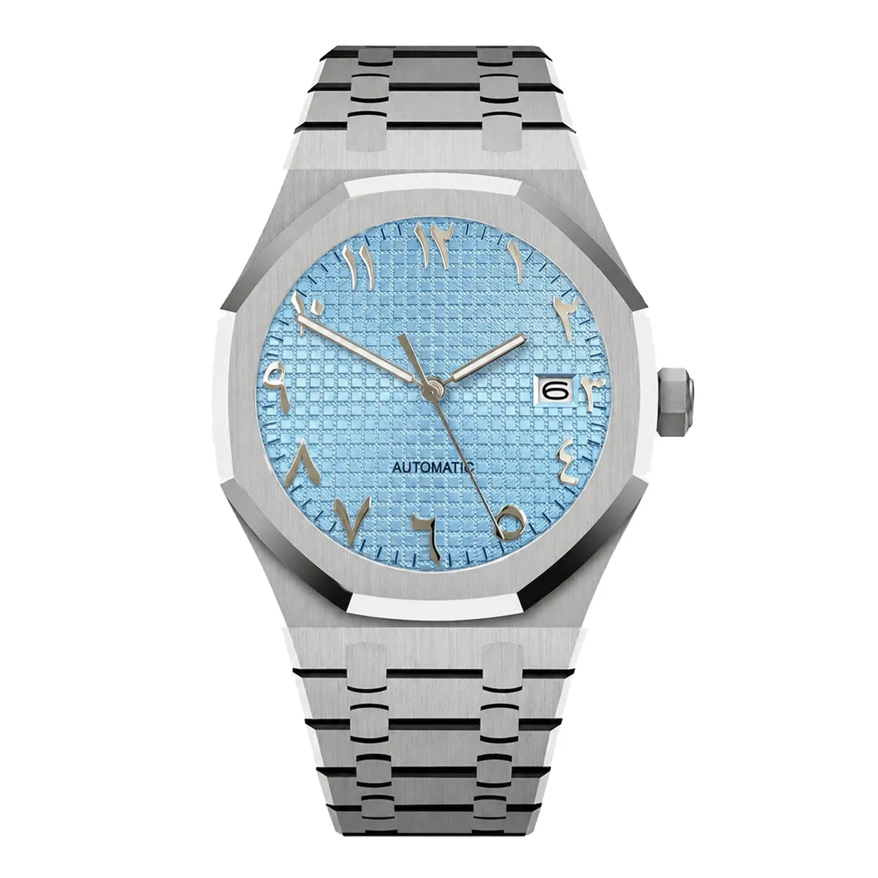 Produktbild der Seiko Mod Royal Oak Eisblau mit arabischen Zahlen und Datumsanzeige