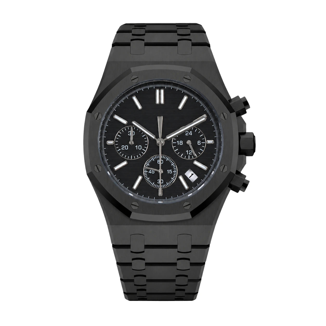 Frontansicht einer Seiko Mod Royal Oak in Schwarz mit Chronographen-Zifferblatt und schwarzem Edelstahlarmband