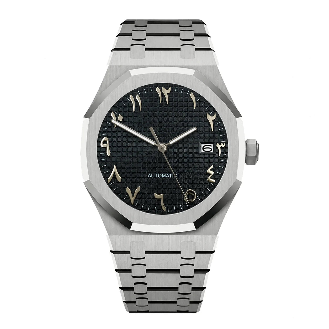 Seiko Mod Royal Oak Schwarz mit strukturiertem Zifferblatt, eckiger Lünette und Datumsanzeige