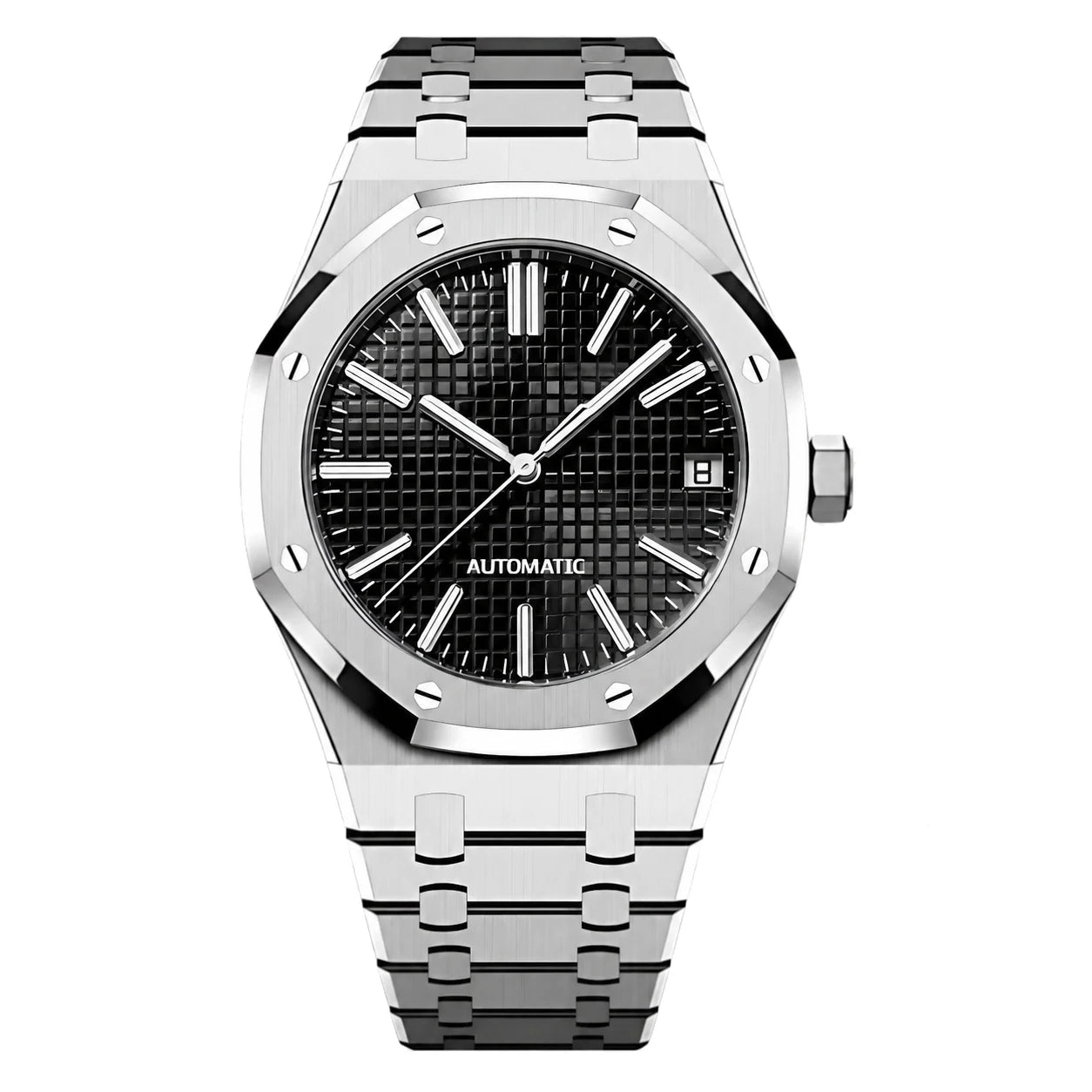 Frontansicht der Seiko Mod Royal Oak Schwarz mit schwarzem strukturiertem Zifferblatt und Edelstahlarmband